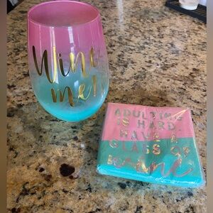 Pink and Blue Wine Glass and Napkin Set